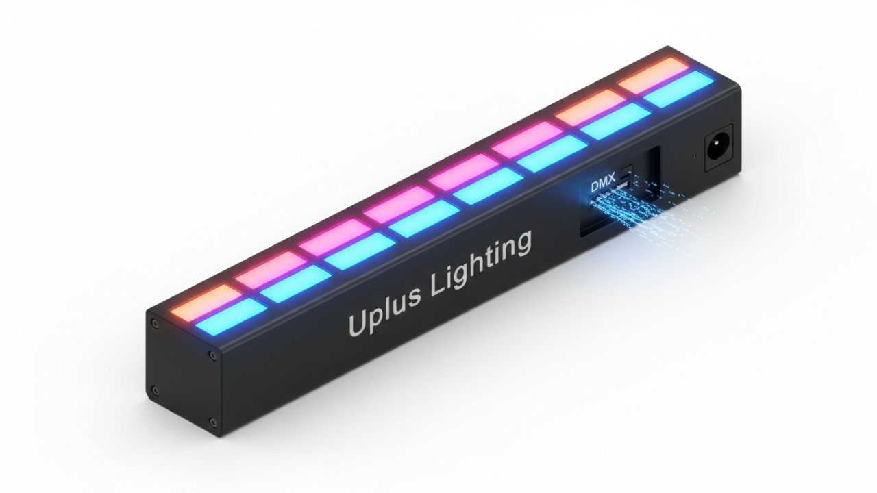 A 3D isometric illustration of a multi-colored DMX LED pixel bar with the Uplus Lighting brand name on its chassis.