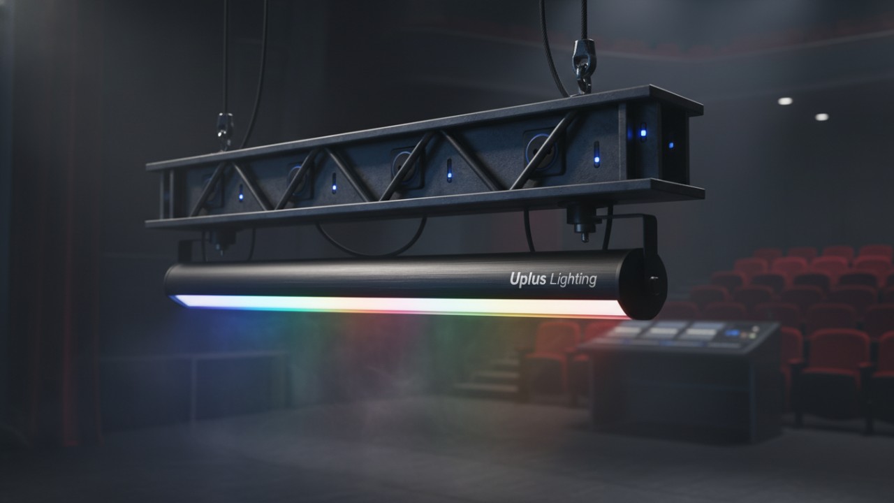 A 3D render comparing an LED light bar fixture and a structural rigging pipe, with Uplus Lighting branding on the equipment.