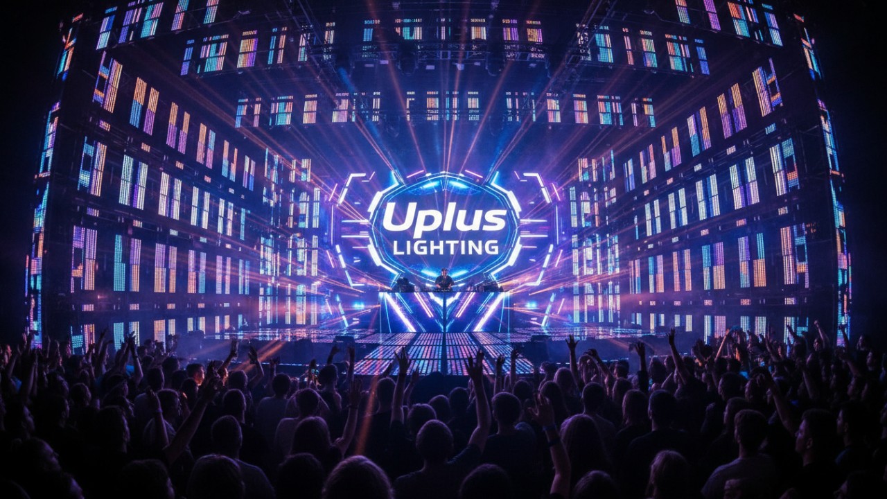 A cinematic digital painting of a grand stage featuring a complex light show and a large Uplus Lighting logo on the central screen.