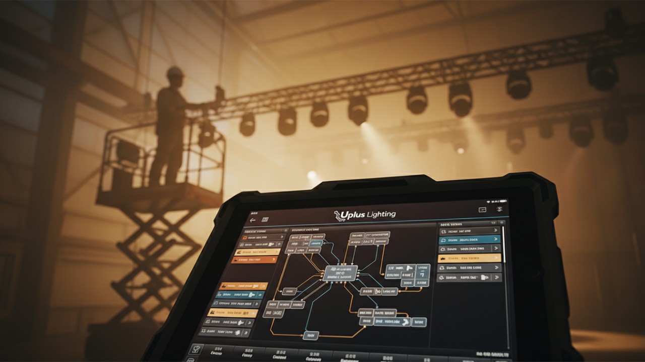 A close up of a digital DMX patching interface on a tablet featuring the Uplus Lighting logo, with a lighting rig in the background.