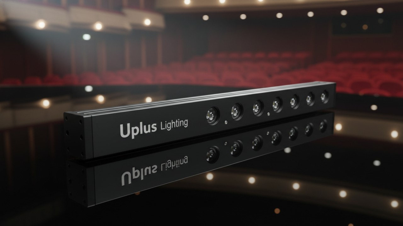 A close up studio shot of a premium LED light bar with the Uplus Lighting brand name laser-etched on the professional housing.