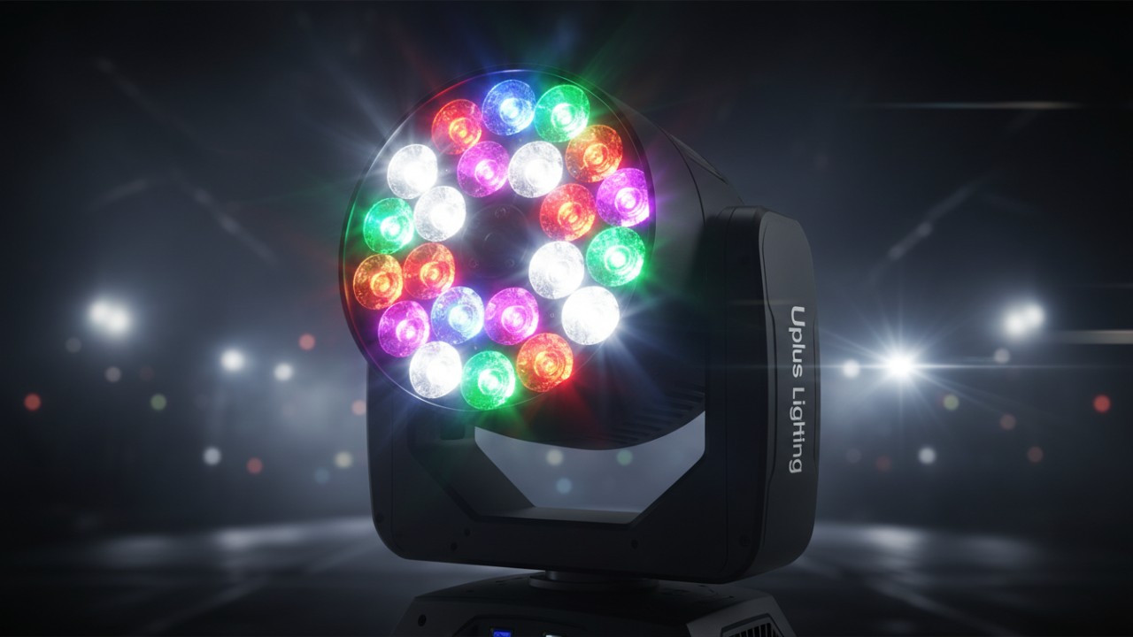 A detailed close up of a Uplus Lighting bee eye moving head light showing its honeycomb lens structure and professional design.
