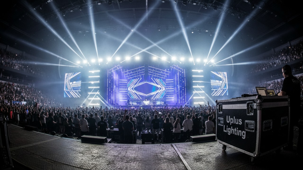 A grand concert stage featuring complex lighting patterns from LED bars with a Uplus Lighting branded equipment case in the foreground.