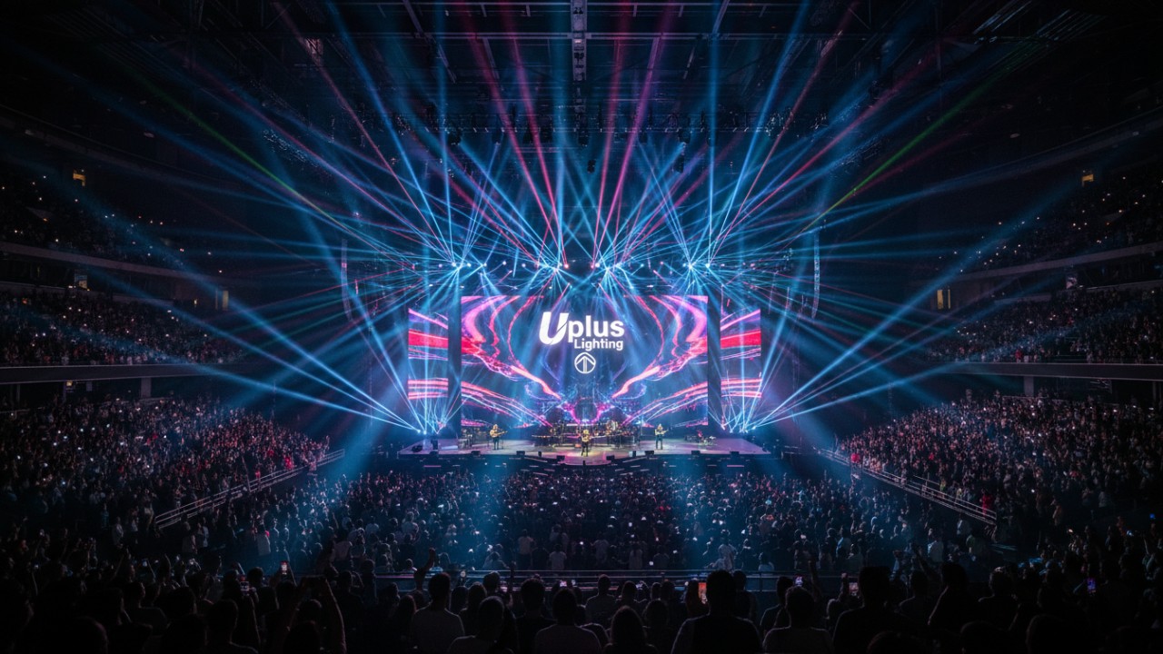 A grand concert stage filled with colorful light beams and the Uplus Lighting brand name displayed on a large LED screen.