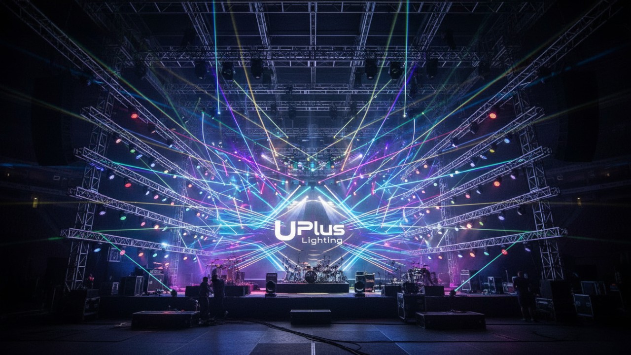 A grand concert stage filled with intersecting colorful light beams and the Uplus Lighting logo displayed on a large screen.