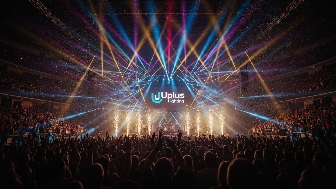 A grand concert stage finale with a massive light show and the Uplus Lighting brand name on the central LED screen