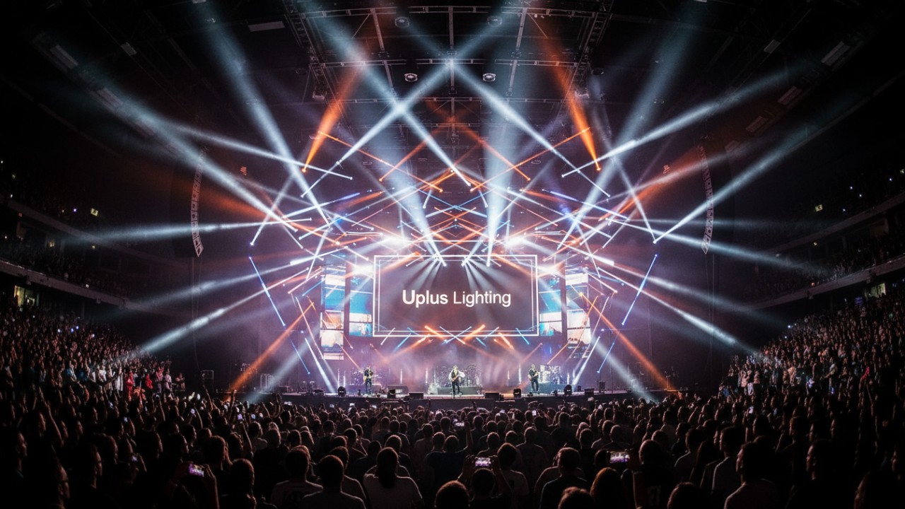A grand stage fully lit by professional fixtures with Uplus Lighting displayed on a large background screen.