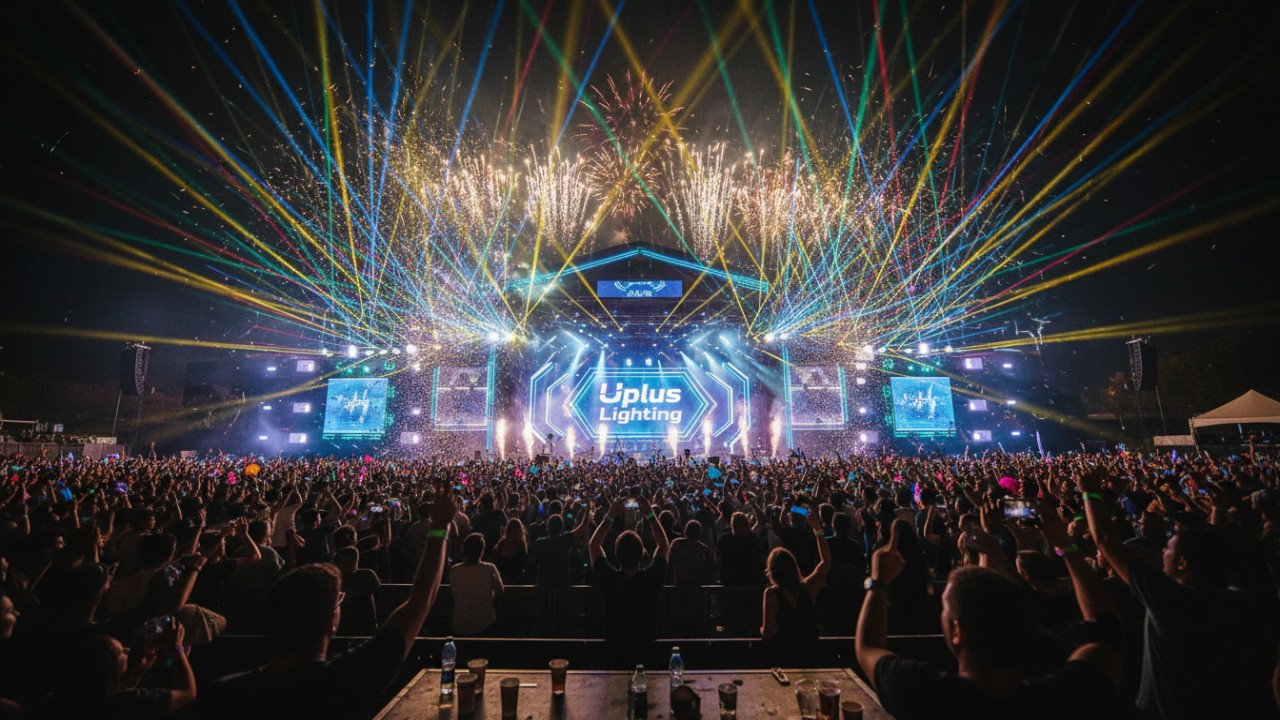A large concert stage featuring spectacular light beams and the Uplus Lighting brand name on the main screen.