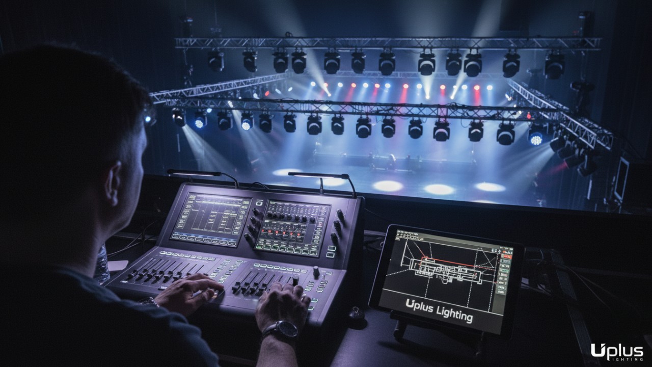 A lighting designer at a control desk with a Uplus Lighting branded tablet managing a professional stage setup.
