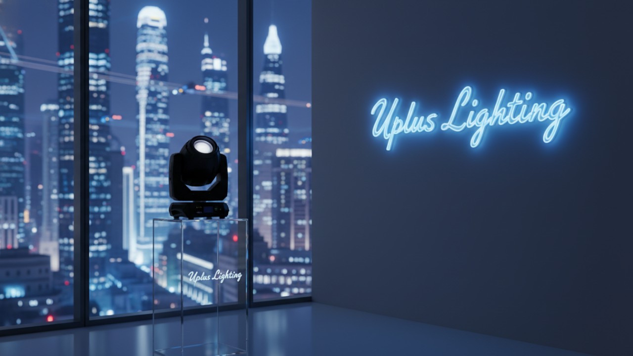 A modern lighting showroom featuring a Uplus Lighting fixture and a glowing brand sign against a city skyline.