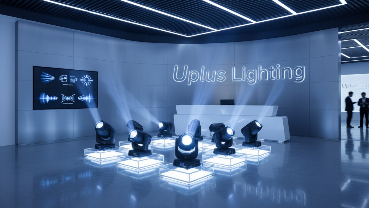 A modern lighting showroom featuring professional equipment and a glowing Uplus Lighting sign on a brushed metal wall.