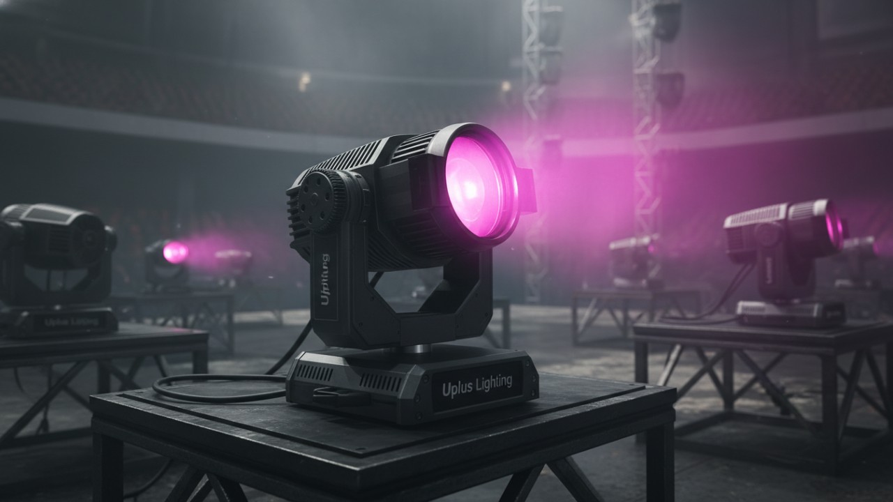 A professional DMX moving head stage light with the Uplus Lighting brand name on its base emitting a magenta beam.