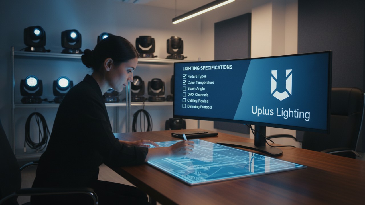 A professional lighting designer working at a desk with technical specs and the Uplus Lighting logo displayed on a screen