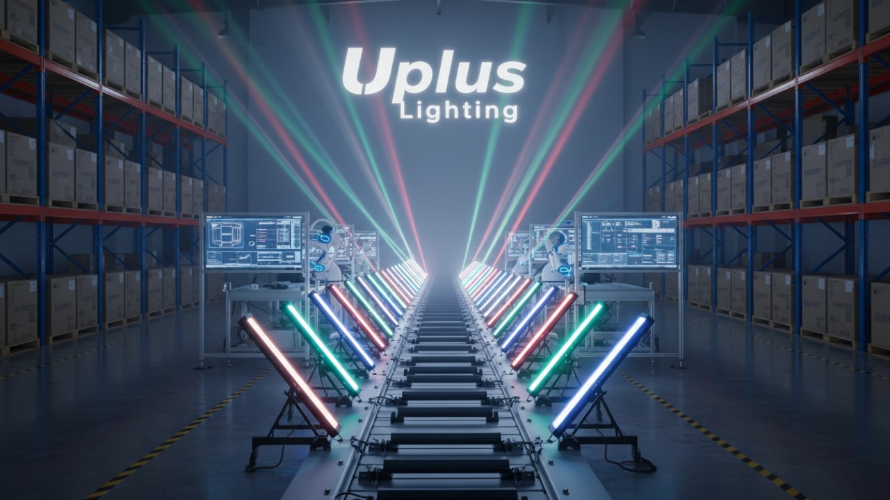 A professional manufacturing facility in China showcasing the production of LED stage light bars with Uplus Lighting branding on the wall.
