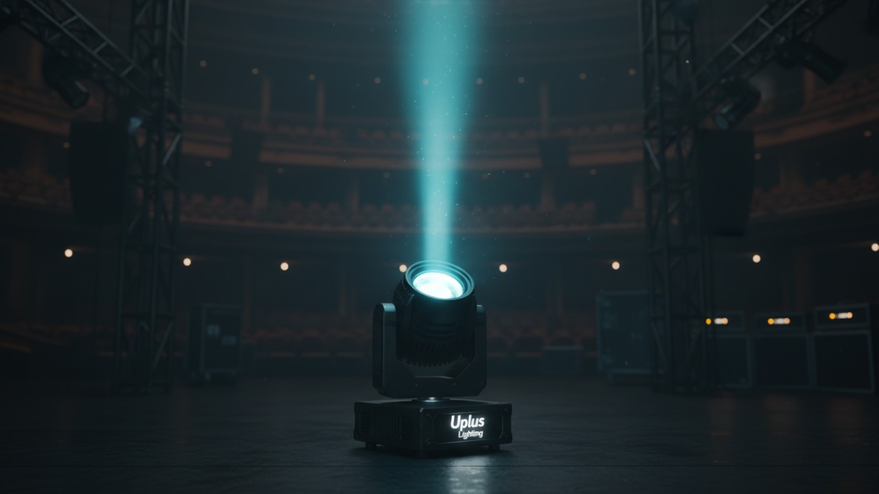 A professional mini beam moving head light with Uplus Lighting branding projecting a sharp cyan beam on a stage.