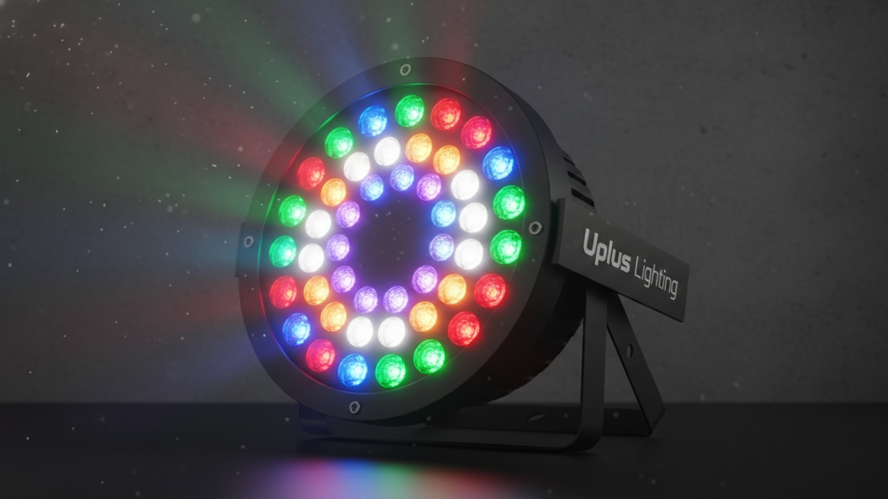 A professional Uplus Lighting LED Par Light fixture showing multiple color diodes and a sleek black casing.
