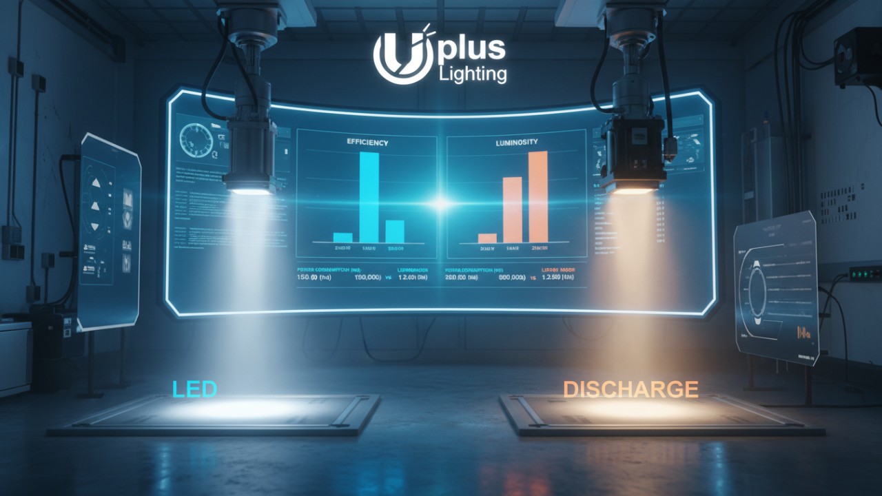 A side-by-side comparison of LED and discharge lamp beams with a data dashboard featuring Uplus Lighting.