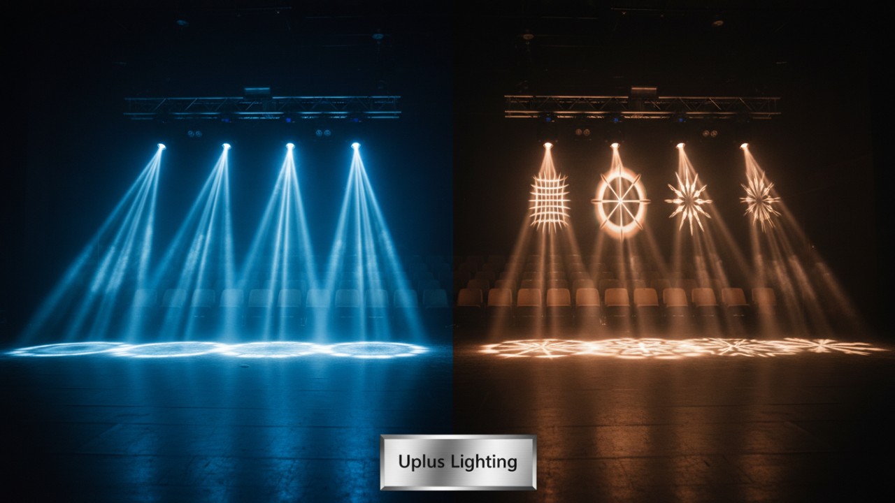 A side by side comparison of sharp narrow beam lights and wide patterned spot lights on a professional stage with Uplus Lighting branding