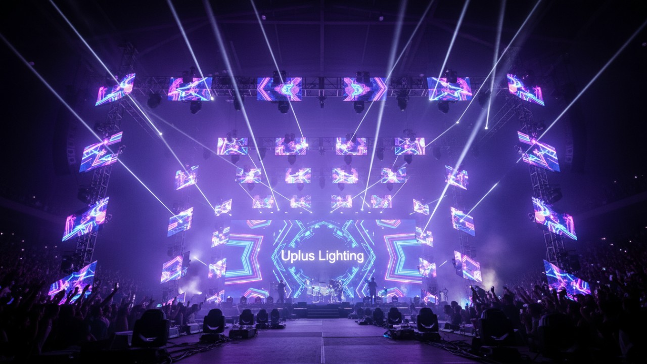 A spectacular stage light show featuring kaleidoscopic effects and pixel mapping with Uplus Lighting branding on the background screen.