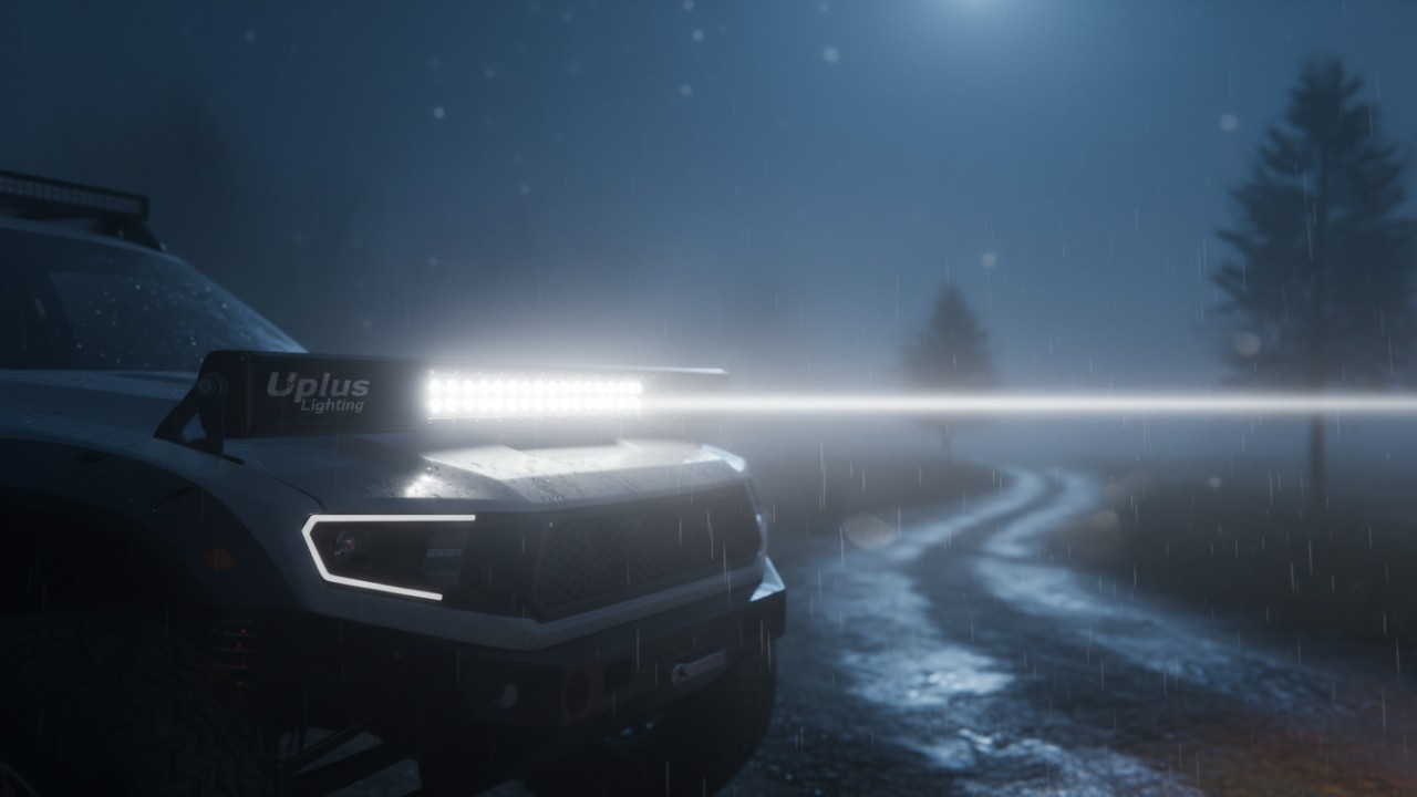 A Uplus Lighting spot beam LED light bar projecting a concentrated narrow beam of light through mist.