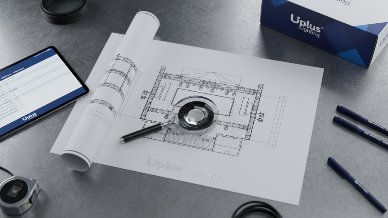 A vector illustration of a designer workspace with technical lighting specifications and Uplus Lighting branded equipment.