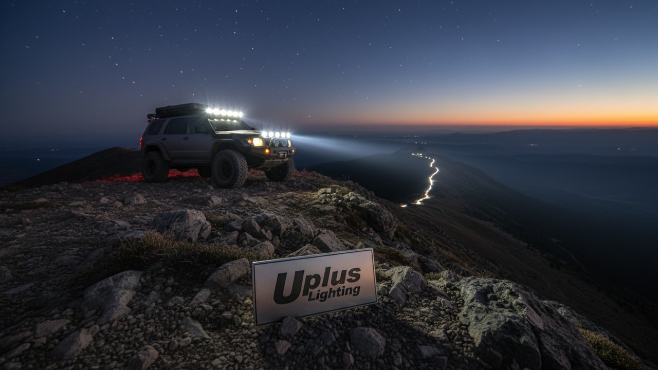 A vehicle on a mountain ridge using Uplus Lighting spot beams to illuminate a long trail at dusk.