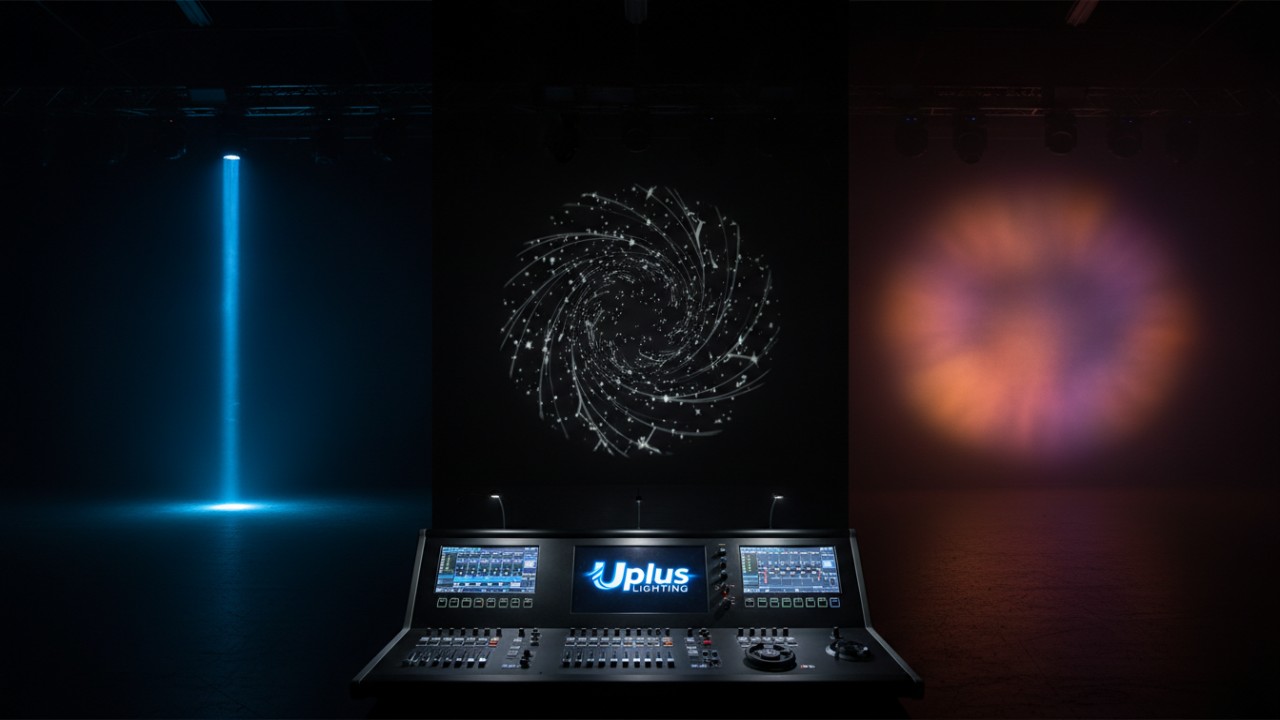 A visual comparison of beam, spot, and wash lighting profiles with the Uplus Lighting logo on a nearby control console.