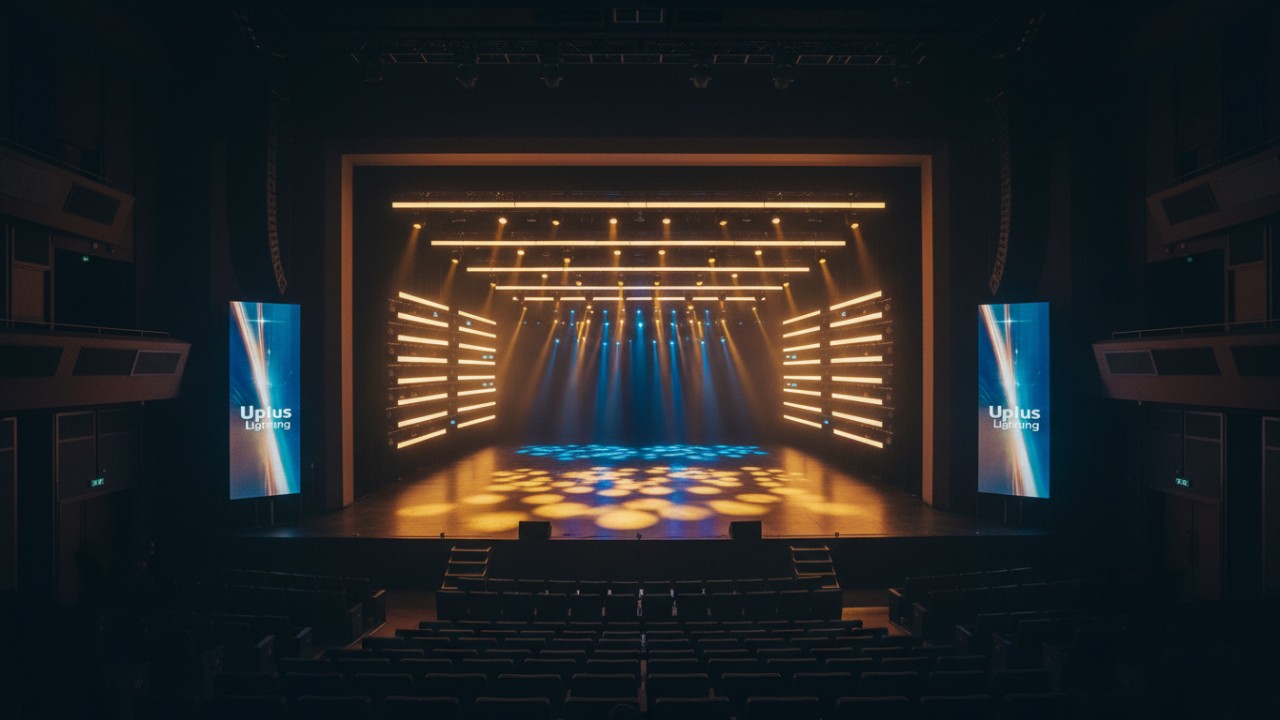 A wide cinematic view of a professionally lit stage with a Uplus Lighting banner and colorful wash lighting from bar fixtures.
