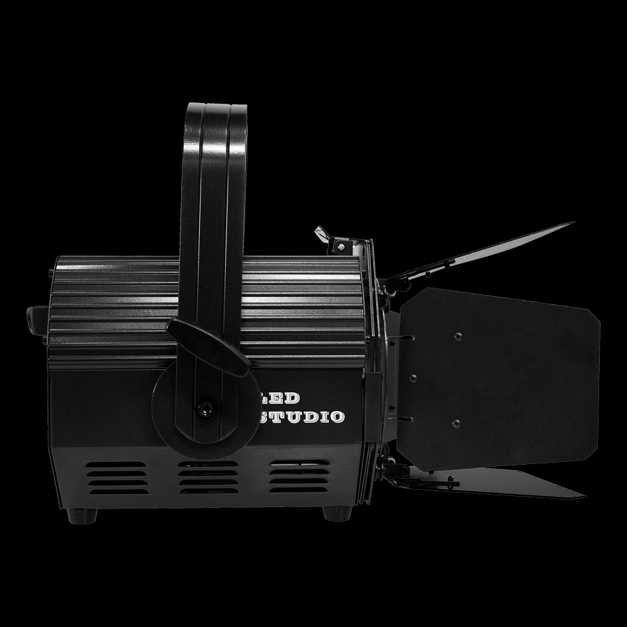 Side view of a black LED studio Fresnel light with barn doors. - Uplus Lighting