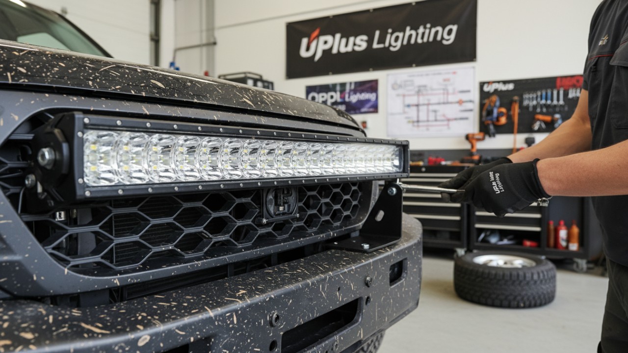 Close up of a person mounting a Uplus Lighting LED light bar onto an off-road vehicle.